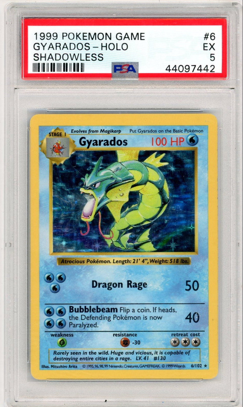 Gyarados 1999 Pokémon Base Set Shadowless Holo #6/102 PSA 5